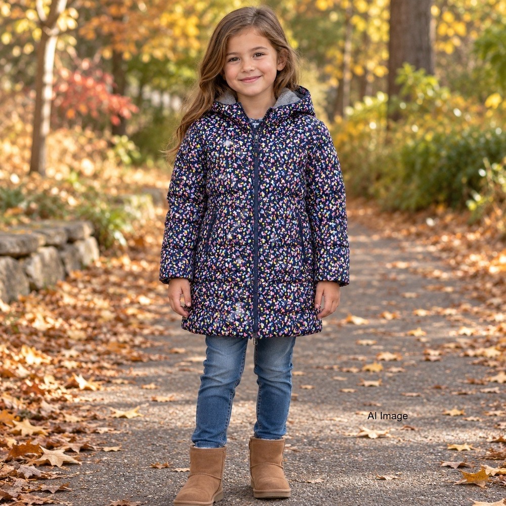 Lands End Girls Navy Confetti Print Fleece Lined Puffer Parka Jacket Size S 6-7
